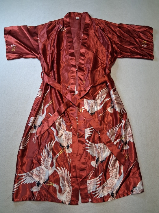 Tops - Red Satin Crane Print Kimono Robe
